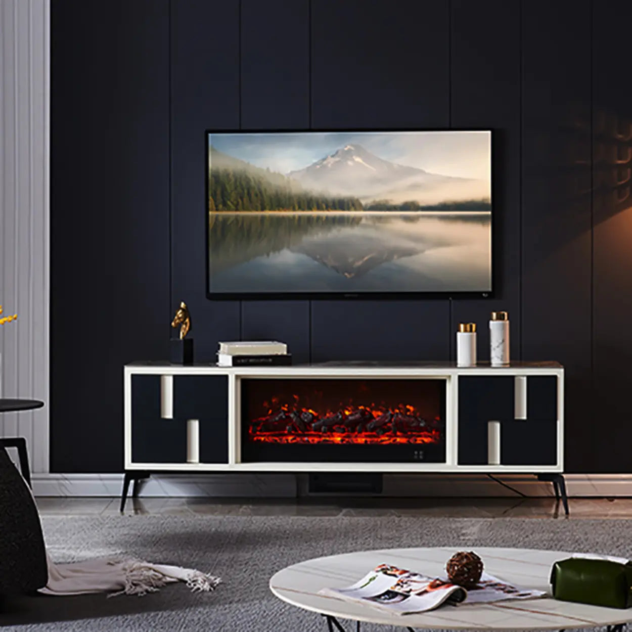 Moderner TV-Schrank mit Kaminlicht – Steinoptik - Image 12