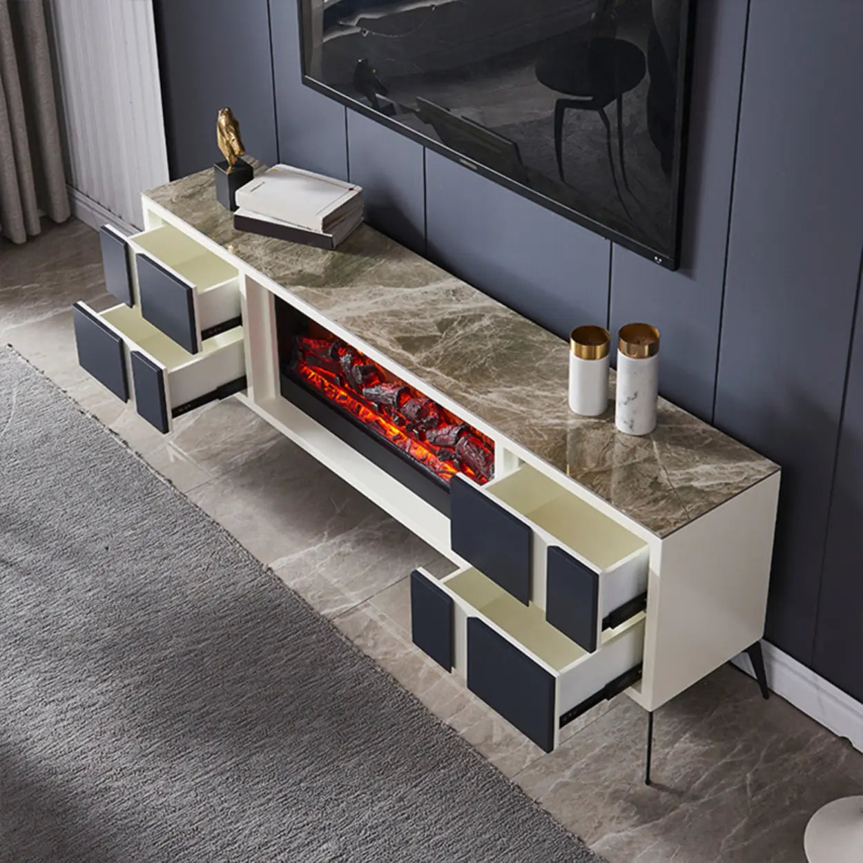 Moderner TV-Schrank mit Kaminlicht – Steinoptik - Image 3