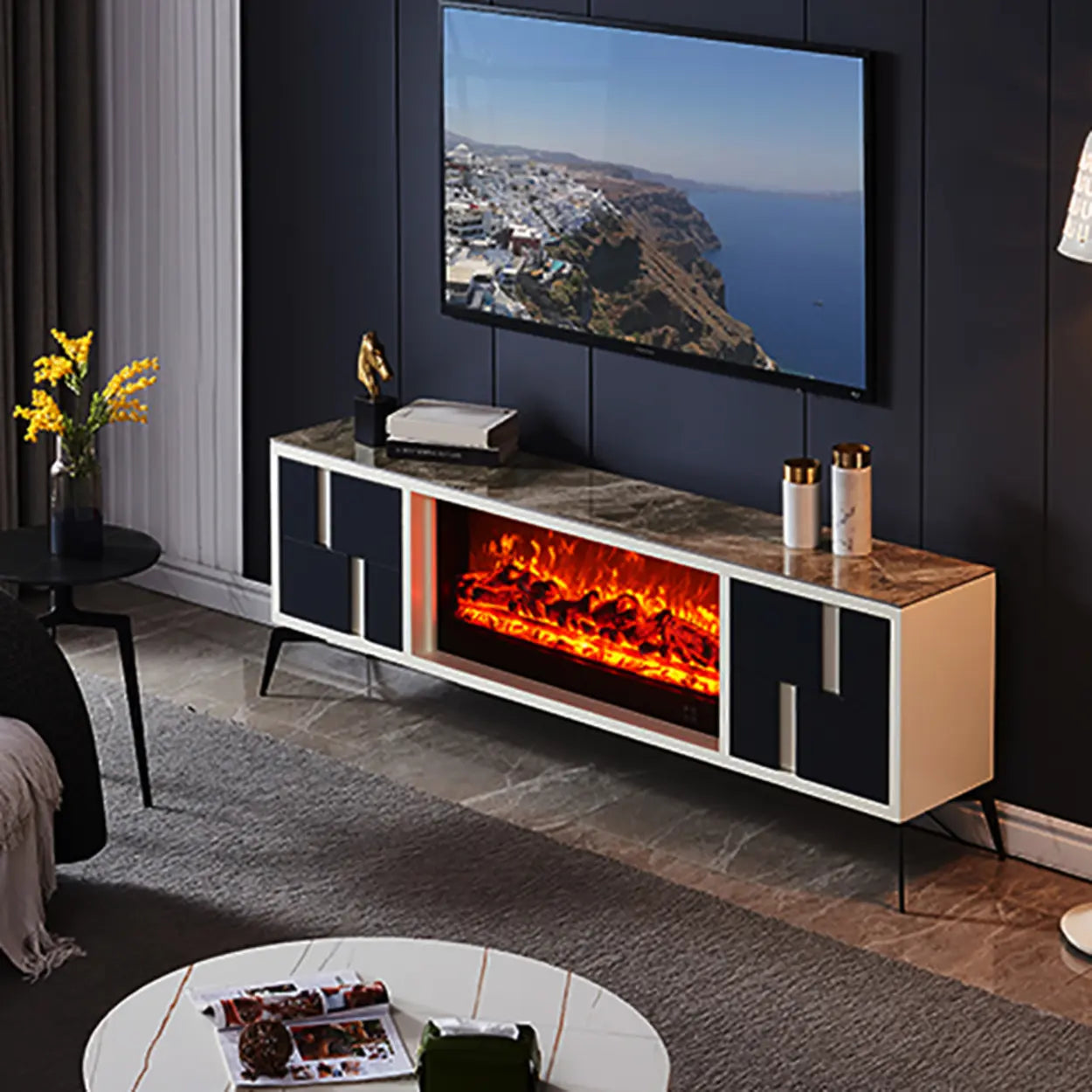 Moderner TV-Schrank mit Kaminlicht – Steinoptik - Image 4