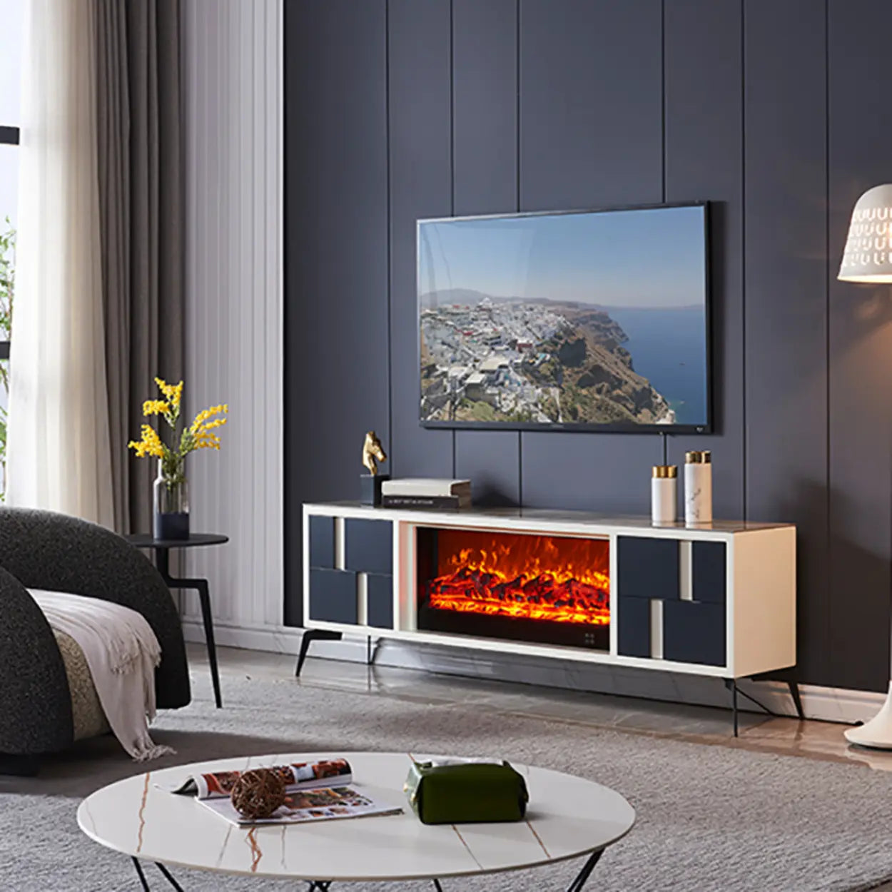 Moderner TV-Schrank mit Kaminlicht – Steinoptik - Image 5