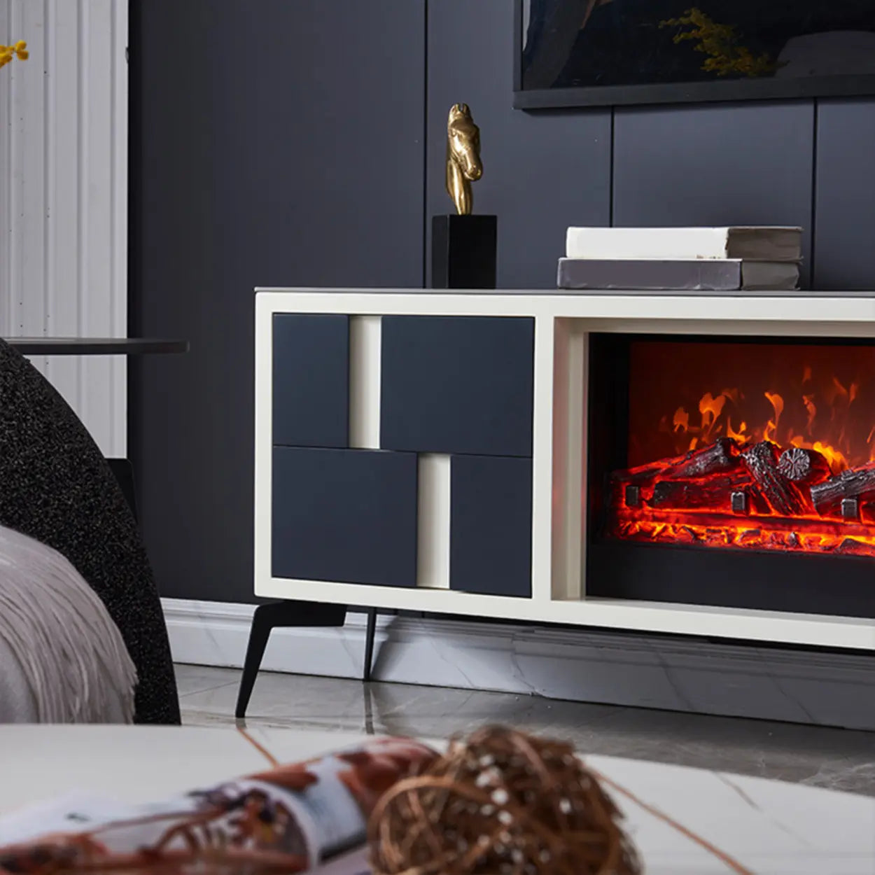 Moderner TV-Schrank mit Kaminlicht – Steinoptik - Image 7