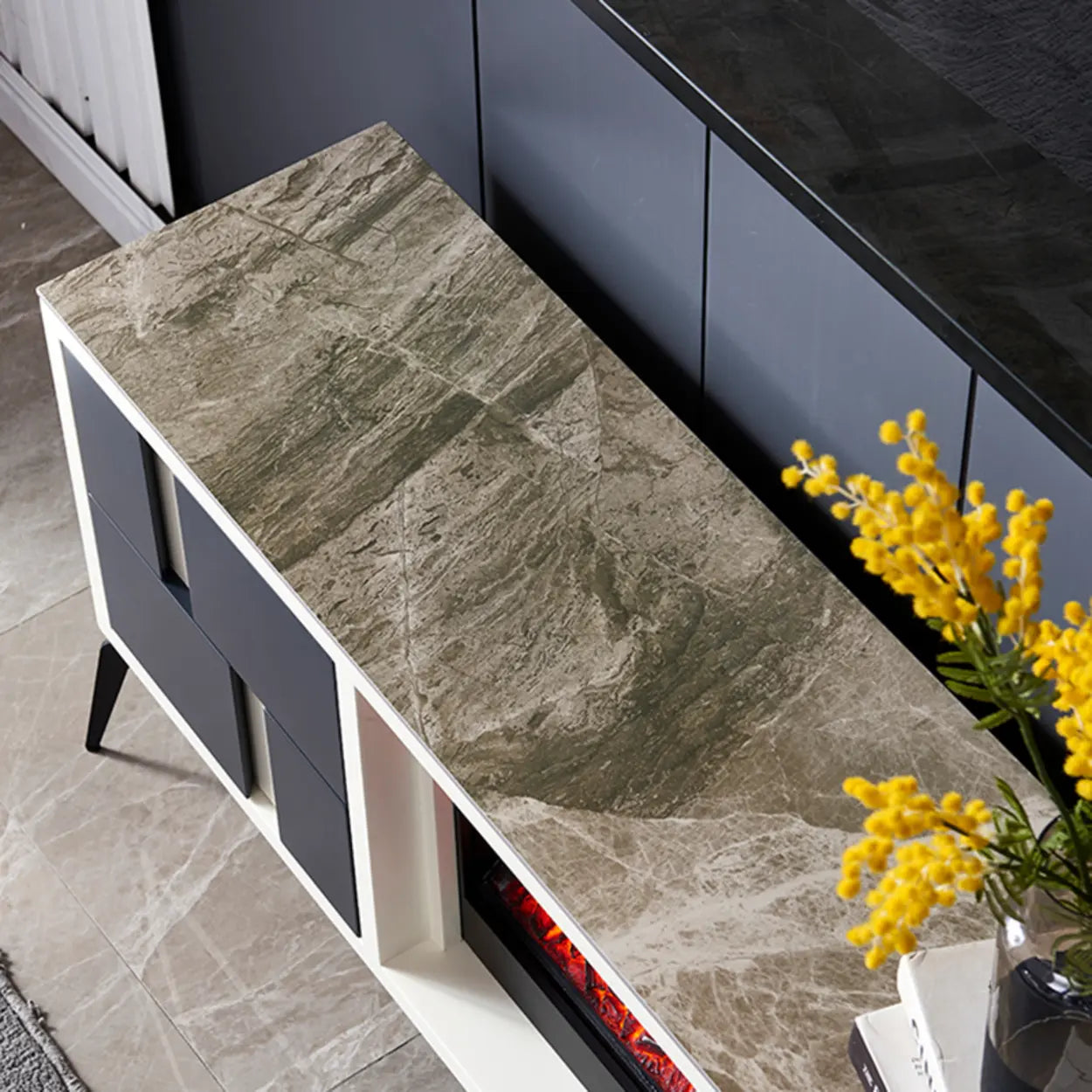 Moderner TV-Schrank mit Kaminlicht – Steinoptik - Image 9
